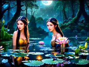 Dwie dziewczyny w stawie wśród lotosów