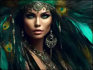 Piękna zielonooka kobieta z biżuterią i zielonymi piórami we włosach
