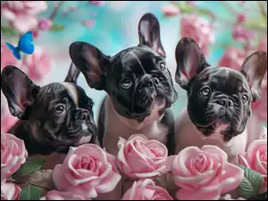 Trzy, Buldog francuski, Róże, Grafika, Psy, Kwiaty