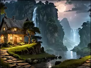 Grafika, Rzeka, Księżyc, Dom, Oświetlony, Wąwóz, Wodospad, Góry, Drzewa