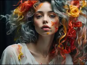 Kobieta z kolorowymi włosami i farbą na twarzy