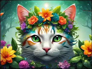 Kotek z kwiatami wokół głowy
