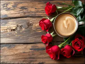 Kawa, Deski, Róże, Kwiaty, Drewno