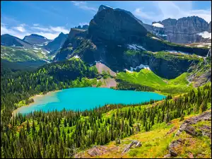 Jezioro, Park Narodowy Glacier, Drzewa, Grinnell Lake, Montana, Góry, Rośliny, Stany Zjednoczone