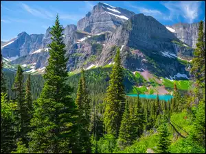 Grinnell Lake, Stany Zjednoczone, Góry, Lasy, Montana, Jezioro, Drzewa, Park Narodowy Glacier