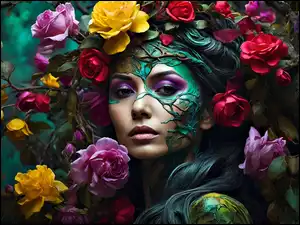 Makijaż, Grafika Abstrakcja, Twarz, Kobieta, Róże