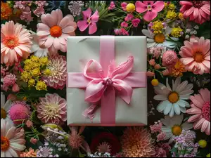 Prezent z różową kokardą wśród różnorodnych kwiatów