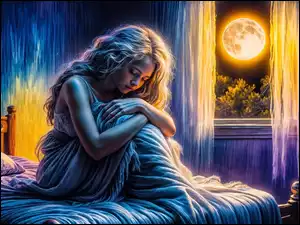 Smutnadziewczyna na łóżku w księżycową noc