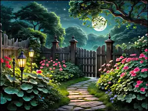 Księżyc, Ogród, Płot, Noc, Kwiaty, Drzewa, Grafika, Lampy