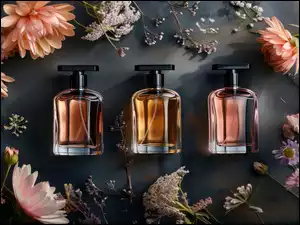 Trzy flakony z perfumami i kwiaty na ciemnym tle