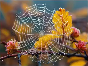 Krople na pajęczynie i gałązkach z pożółkłymi liśćmi