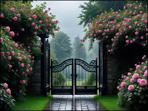 Chodnik z bramą w różanym ogrodzie