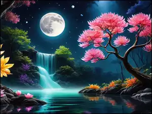 Kwiaty i drzewa w blasku księżyca nad wodospadem
