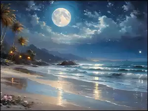 Palmy i kwiaty na morskiej plaży w blasku księżyca