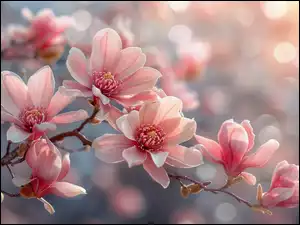 Magnolia, Kwiaty, Gałązki, Kwitnące, Różowe
