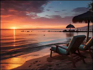 Leżaki pod parasolem na plaży o zachodzie słońca nad morzem