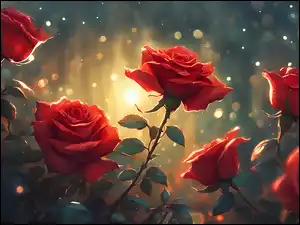 Grafika, Czerwone, Róże, Kwiaty