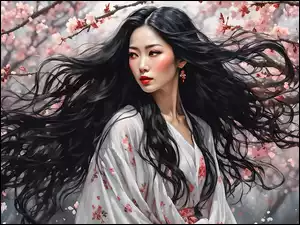 Długowłosa Azjatka w kimono pod ukwieconymi gałązkami