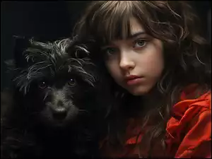 Dziewczynka w czerwonej sukience z czarnym psem