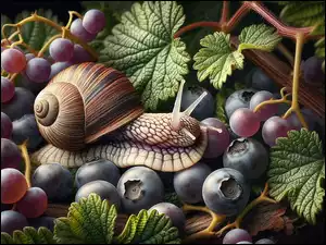 Owoce, Ślimak, Liście, Grafika, Winogrona, Borówki