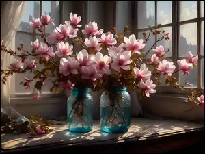 Gałązki z kwiatami magnolii w dwóch słoikach na stole przy oknie