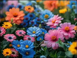 Kwiaty, Niebieskie, Różowe, Kolorowe