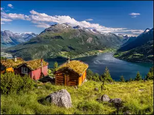 Kolorowe domki nad rzeką Oldeelva w norweskiej wsi Olden