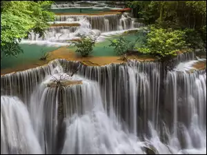 Erawan Falls, Kaskada, Tajlandia, Wodospad, Prowincja Kanchanaburi, Drzewa, Park Narodowy Erawan