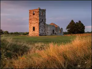 Zachód Słońca, Anglia, Trawa, Ruiny, Drzewa, Wimborne, Kościół, Wielka Brytania, Knowlton Church