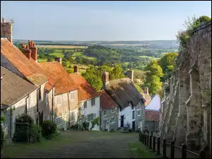 Zachód Słońca, Shaftesbury, Drzewa, Domy, Mur, Złote Wzgórze, Gold Hill, Anglia, Ulica