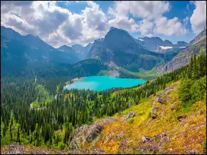 Las, Stany Zjednoczone, Góry Skaliste, Drzewa, Montana, Jezioro St Mary, Chmury, Park Narodowy Glacier