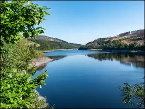 Okerstausee, Wzgórza, Niemcy, Jezioro, Okertalsperre, Gałęzie, Drzewa