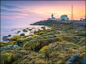 Wschód słońca, Stan Massachusetts, Skały, Latarnia morska, Nobska Point Light, Zatoka, Cape Cod Bay, Stany Zjednoczone, Morze