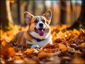 Liście, Grafika, Pies, Welsh corgi pembroke, Jesień