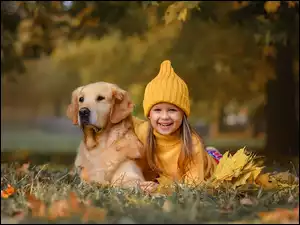 Pies, Łąka, Czapka, Dziewczyna, Golden retriever