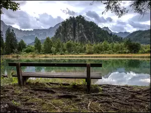 Góry, Austria, Almsee, Drzewa, Jezioro, Ławka