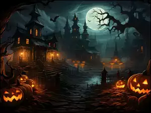 Grafika, Noc, Dynie, Halloween, Drzewa, Księżyc, Domy