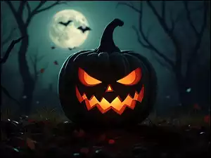 Drzewa, Grafika, Księżyc, Dynia, Halloween