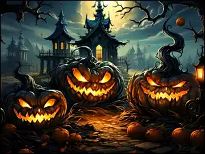 Podświetlone, Halloween, Domy, Grafika, Dynie, Noc