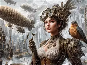 Kobieta, Ptak, Steampunk, Fantasy, Wieżowce