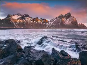 Skały, Morze, Góry, Islandia, Kamienie, Góra Vestrahorn