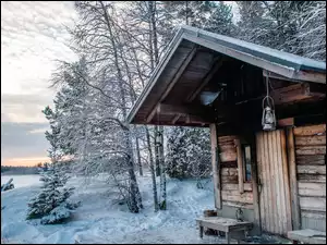 Śnieg, Lemmoncarks, Zima, Drzewa, Jezioro Payanne, Budowla, Sauna, Finlandia, Ośnieżone