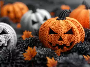 Kwiaty, Halloween, Czarne, Dynie, Liście