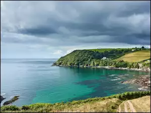 Morze, Zatoka, Wzgórze, Anglia, Talland Bay, Kornwalia