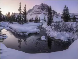 Zima, Kanada, Góry, Drzewa, Alberta, Jezioro, Wschód słońca, Park Narodowy Banff