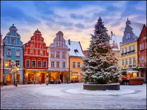 Rynek, Miasto, Boże Narodzenie, Zima, Domy, Choinka