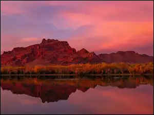 Salt River, Stany Zjednoczone, Goldfield Mountains, Odbicie, Arizona, Rzeka, Drzewa, Góry