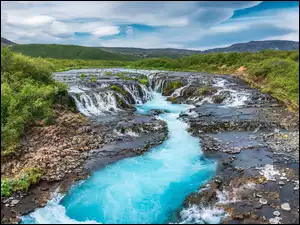 Wodospad, Bruarfoss, Lasy, Islandia, Skały, Bruara, Rzeka