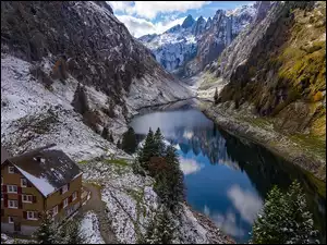 Śnieg, Jezioro, Szwajcaria, Góry Alpstein, Drzewa, Dom, Falensee