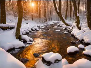 Las, Śnieg, Słońce, Zima, Kamienie, Rzeka, Drzewa